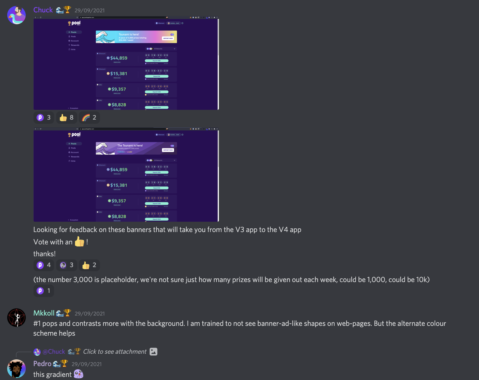 The community and the core team collaborate on the design of the new version of PoolTogether in their Discord server