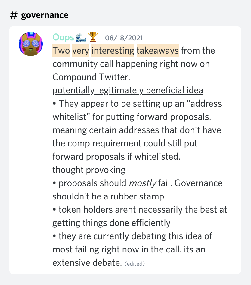A community member posting learnings from attending Compound community call.