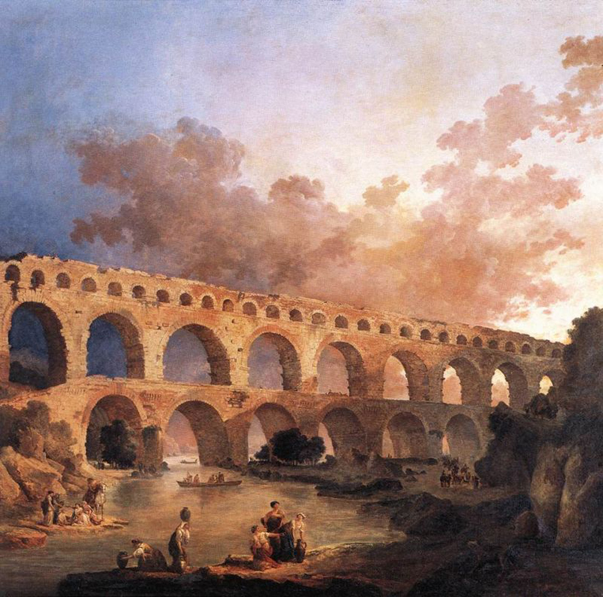 Roman aqueduct of Pont du Gard, now recognized as a UNESCO World Heritage Site. Painting by Hubert Robert 1787.