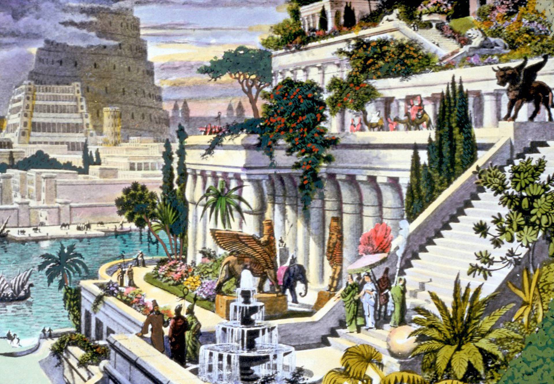 描绘世界七大奇迹之一巴比伦空中花园的版画。 艺术家未知，19 世纪
